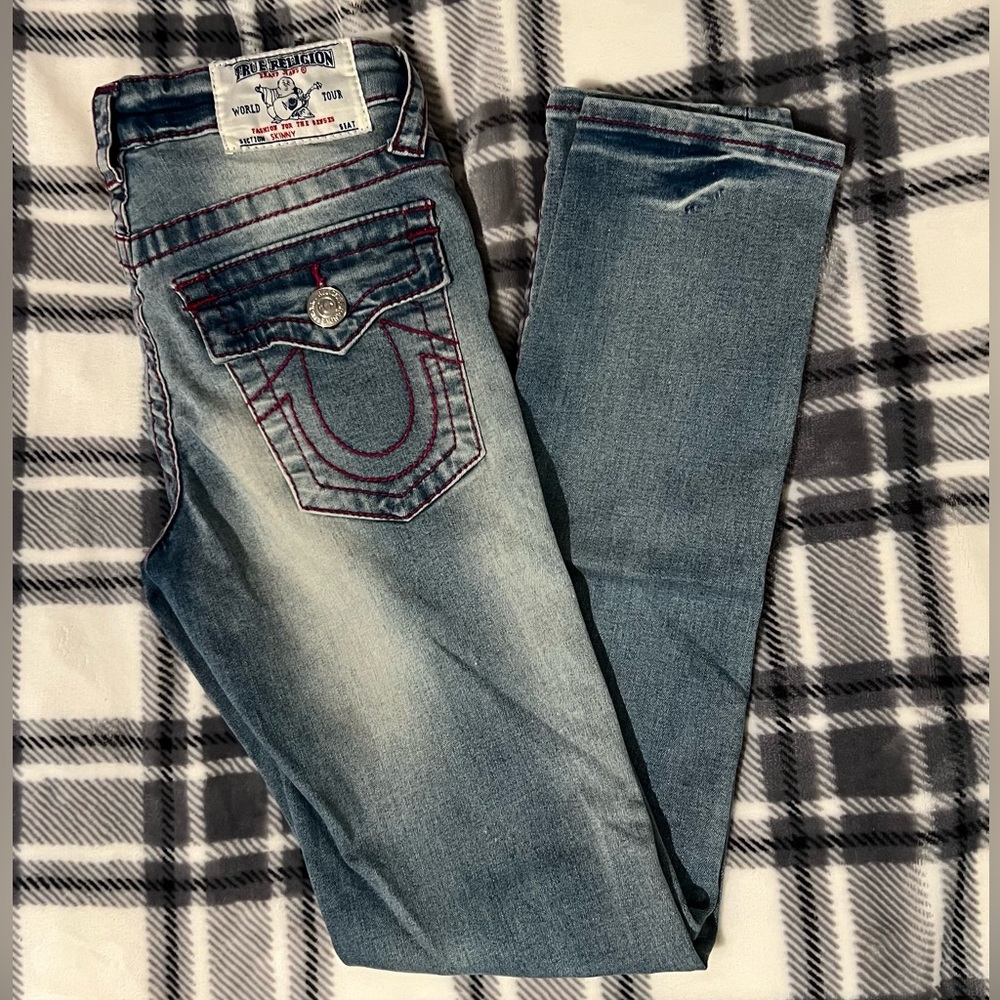 Girl’s True Religion Pink Stitch Skinny Jeans